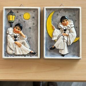 Sad Pierrot Plaster Relief Wall Decor Vintage Hand Painted